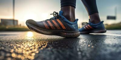 cerca arriba en el zapato, corredor atleta pies corriendo en el la carretera debajo luz de sol en el Mañana. ai generativo foto