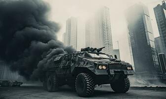 Armored military vehicle in city. Intense battlefield scene. Created AI tools photo