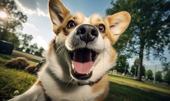 Close-up joyful corgi capturing a selfie. Created with AI photo