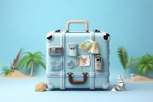 Creative Summer Beach Composition in Suitcase on Blue Background, A Travel Concept Idea in 3D Rendering. AI Generative photo