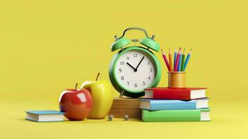 popular Arte ilustración de colegio accesorios con manzanas, libros, y un alarma reloj en el colegio antecedentes. espalda a colegio concepto. 3d representación, ai generativo foto