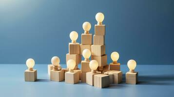 Many wooden cubes with people symbols and one with a lightbulb symbol on blue background. AI Generative photo