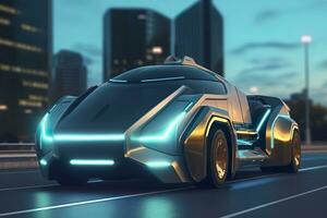 23rd Century Futuristic Truck with Hyper Modern Drive, Wide Angle Lens, and Futuristic Skyscraper in the Background. AI Generative photo