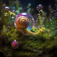 Iridescent Snail in a Fairy Forest, Close Up of a Shimmering Shell. AI Generative photo