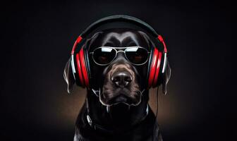 Stylish labrador dog DJ with glasses and headphones. Created with AI photo