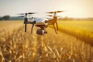 Drone monitoring crops and smart agriculture in a digital farming.  AI Generative photo