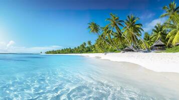 Tropical paradise beach with white sand and crystal clear blue water. Beautiful natural summer vacation holidays background. Travel tourism wide panorama background concept. AI Generative photo