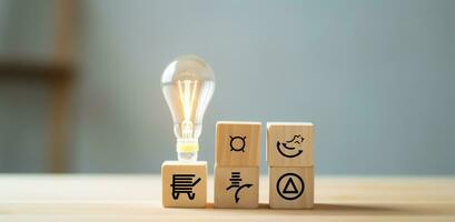 Creative idea, solution and innovation concept. Idea generation for business development. Wooden cube blocks with light bulb and cycle icons on clean background and copy space. AI Generative photo