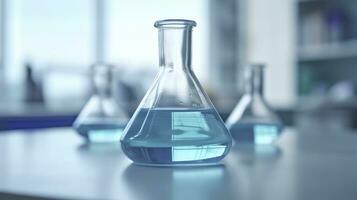 A Science Beaker in the laboratory on a table white and light blue background. laboratory equipment out of focus. AI Generative photo