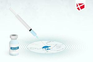 COVID-19 vaccination in Denmark, coronavirus vaccination illustration with vaccine bottle and syringe injection in map of Denmark. vector