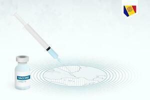 COVID-19 vaccination in Andorra, coronavirus vaccination illustration with vaccine bottle and syringe injection in map of Andorra. vector