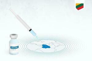 COVID-19 vaccination in Lithuania, coronavirus vaccination illustration with vaccine bottle and syringe injection in map of Lithuania. vector