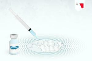 covid-19 vacunación en Malta, coronavirus vacunación ilustración con vacuna botella y jeringuilla inyección en mapa de Malta. vector