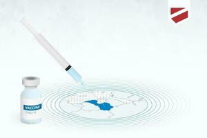 COVID-19 vaccination in Latvia, coronavirus vaccination illustration with vaccine bottle and syringe injection in map of Latvia. vector