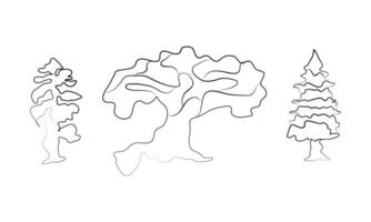 Line art various trunks and foliage of plants, forest trees. Sketch style, line hand drawing. tree Illustration. Line and silhouette of trees isolated vector