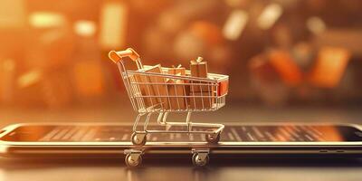 E-Commerce Shopping Cart with Multiple Products. A Sunlit Abstract Background. E-commerce concept. AI Generative photo