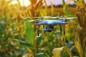 Drone monitoring crops and smart agriculture in a digital farming.  AI Generative photo