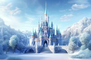 Cute blue Magic Ice Castle. Fantasy snowy landscape. Winter castle on the mountain, winter forest. AI Generative photo