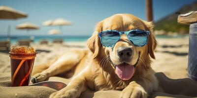 Golden Retriever dog is on summer vacation at seaside resort and relaxing rest on summer beach of Hawaii. AI Generative photo