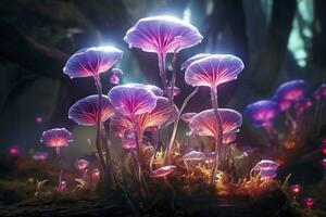 un bioluminiscente extraterrestre cristal bosque con flores, bioluminiscente carnívoro plantas, ai generativo foto