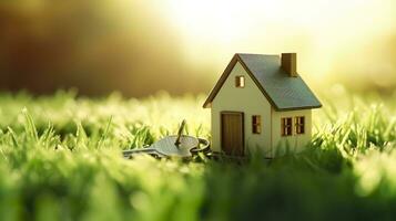 Copy space of home. Small model home on green grass with sunlight. AI Generative photo