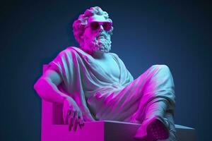 A white statue of Plato in a cool pose, wearing magenta and cyan 3D glasses, ready to party. AI Generative photo