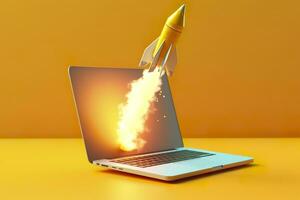 Launching a new product or service. Technology development process. Space rocket launch. 3d render. Yellow rocket lift up from the display laptop. AI Generative photo