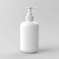 Cosmetic rounded all white soap bottle mockup on white table. AI Generative photo