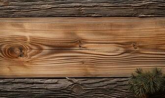 A small pine branch lies gracefully on a rustic wooden surface. AI generative. photo