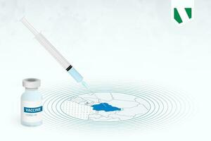 COVID-19 vaccination in Nigeria, coronavirus vaccination illustration with vaccine bottle and syringe injection in map of Nigeria. vector