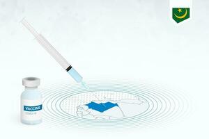 COVID-19 vaccination in Mauritania, coronavirus vaccination illustration with vaccine bottle and syringe injection in map of Mauritania. vector