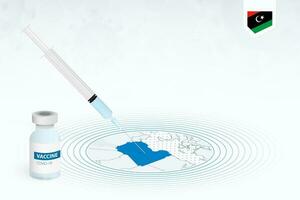 covid-19 vacunación en Libia, coronavirus vacunación ilustración con vacuna botella y jeringuilla inyección en mapa de Libia. vector