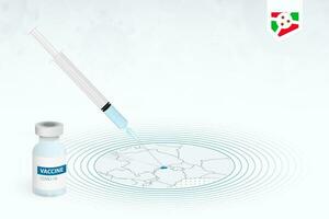 COVID-19 vaccination in Burundi, coronavirus vaccination illustration with vaccine bottle and syringe injection in map of Burundi. vector