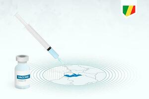 COVID-19 vaccination in Congo, coronavirus vaccination illustration with vaccine bottle and syringe injection in map of Congo. vector