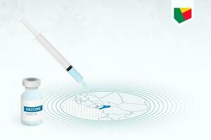 COVID-19 vaccination in Benin, coronavirus vaccination illustration with vaccine bottle and syringe injection in map of Benin. vector