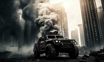 Armored military vehicle in city. Intense battlefield scene. Created AI tools photo