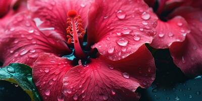 close-up hibiscus with drops water wallpaper. Created with AI tools photo
