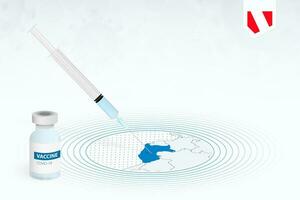 COVID-19 vaccination in Peru, coronavirus vaccination illustration with vaccine bottle and syringe injection in map of Peru. vector