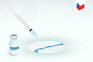 COVID-19 vaccination in Chile, coronavirus vaccination illustration with vaccine bottle and syringe injection in map of Chile. vector
