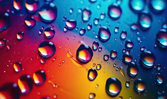 Close-up multicolored drops of water on surface. Created with AI tools photo