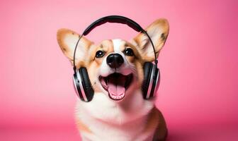 Playful corgi immersed in music. Created with AI photo