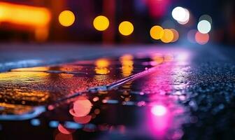 Night wet road made of paving stones. Road, light, rain. background. For banner, postcard, book illustration. Created with generative AI tools photo