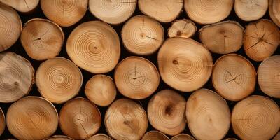 Wooden natural sawn logs as background. Created with AI tools photo