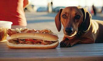 Cheeky dachshund dog caught in the act, about to enjoy a stolen hot dog. Created with AI photo