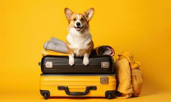 Corgi dog sitting atop suitcases. Created with AI photo