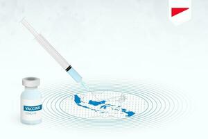 COVID-19 vaccination in Indonesia, coronavirus vaccination illustration with vaccine bottle and syringe injection in map of Indonesia. vector