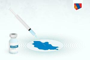 COVID-19 vaccination in Mongolia, coronavirus vaccination illustration with vaccine bottle and syringe injection in map of Mongolia. vector