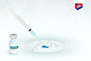 COVID-19 vaccination in Cambodia, coronavirus vaccination illustration with vaccine bottle and syringe injection in map of Cambodia. vector