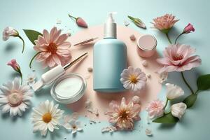 Fresh floral skincare concept. Top view flat lay of pump bottle, pipette, cream bottles, and tubes with flowers on pastel blue background with an empty circle for text or branding. AI Generative photo