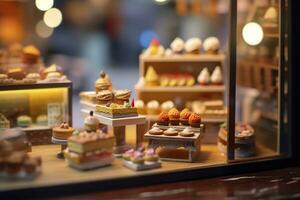 un gusto de dulzura. un popular mercado caja ciega pastel tienda con un limpiar antecedentes. ai generativo foto